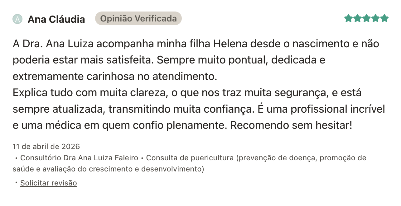 Avaliação verificada de Ana Cláudia para a Dra. Ana Luiza Faleiro